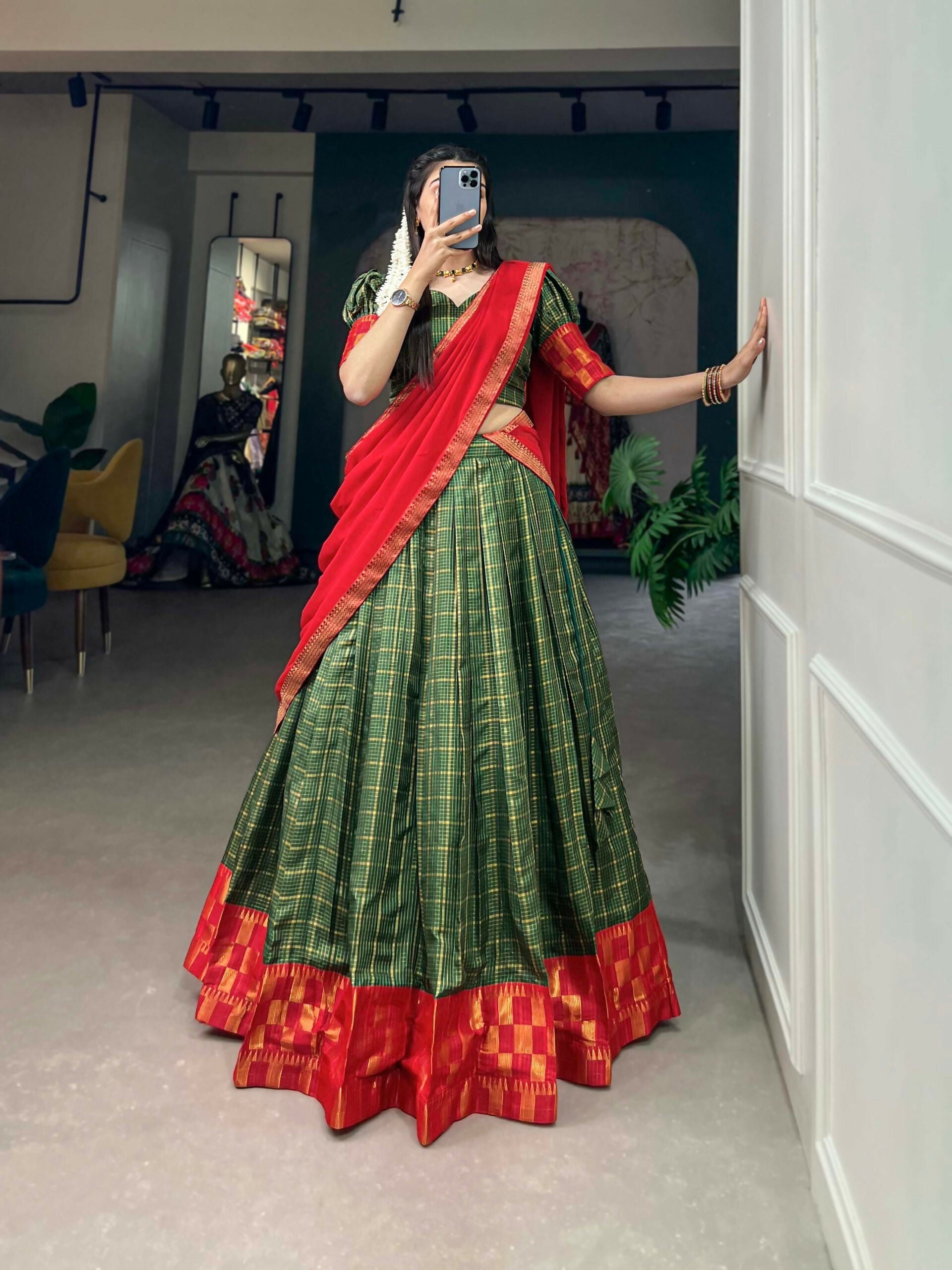Vastranavya South Indian Style Lehenga Choli - Green