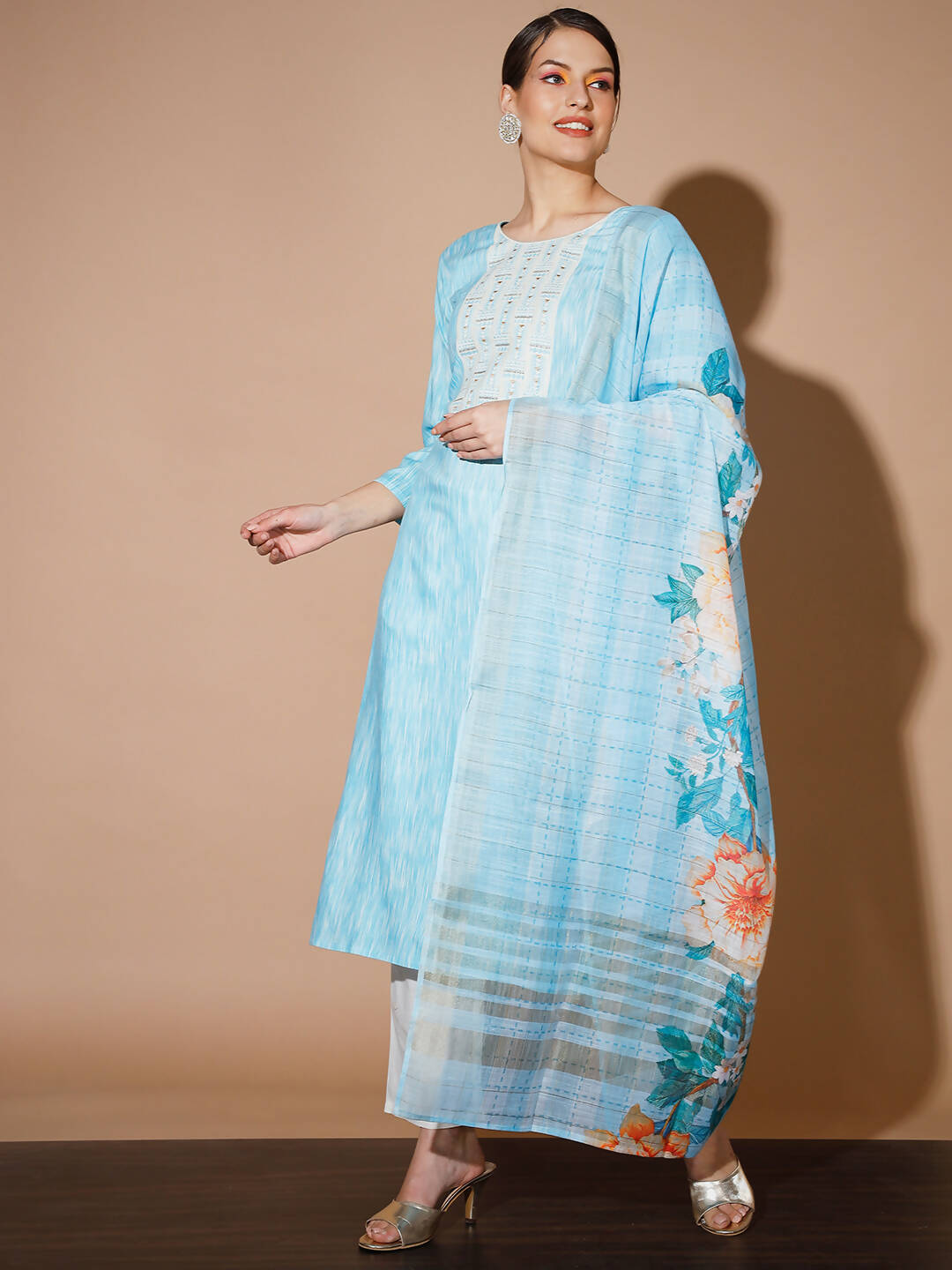 Myshka Women Blue Printed Kurta & Trousers With Dupatta - Distacart