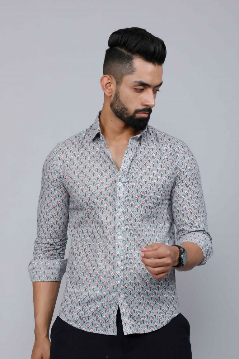 Miravan Men's Blue Pure Cotton Handblock Floral Print Shirt