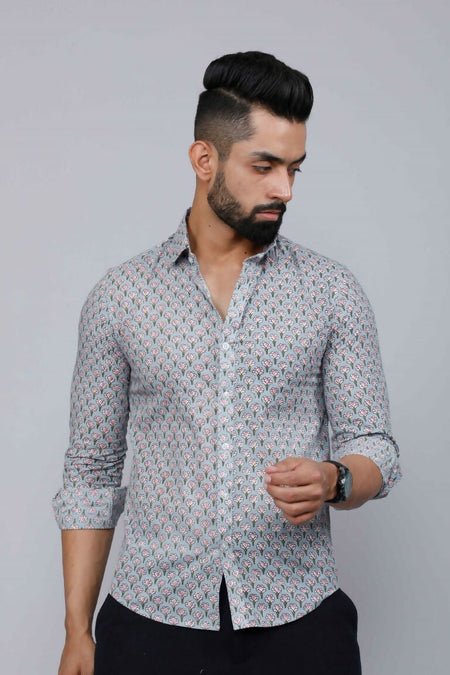 Miravan Men's Blue Pure Cotton Handblock Floral Print Shirt