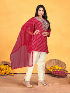 Joban Fashion Red Cotton Premium Pure Viscose Print Dola With Handwork Kurta set