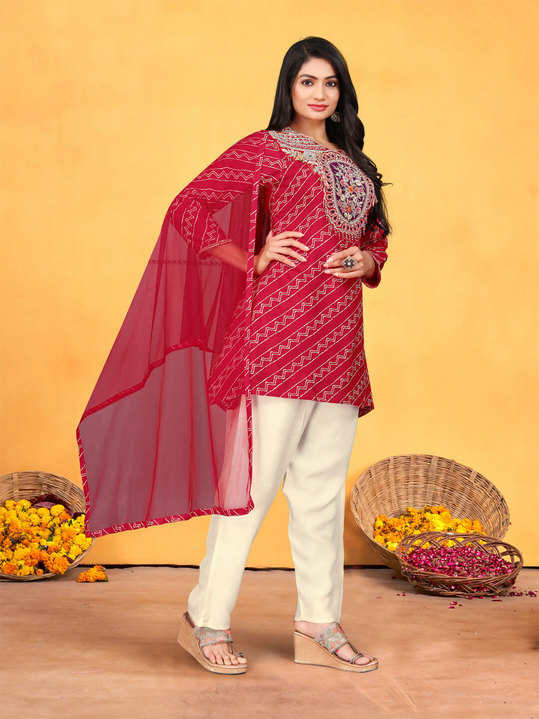 Joban Fashion Red Cotton Premium Pure Viscose Print Dola With Handwork Kurta set