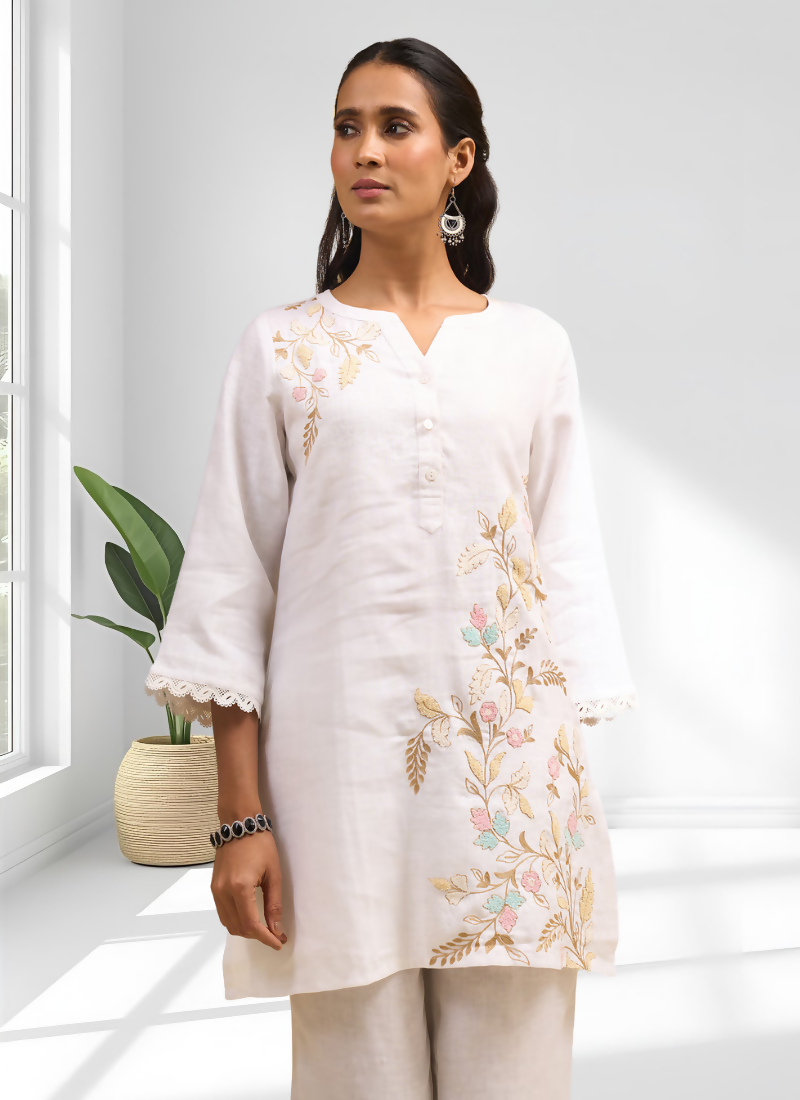 Joban Fashion Off White Linen Embroidered Readymade Cord Set - Distacart