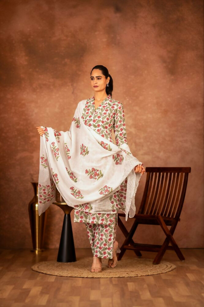 Joban Fashion Red Green Hand Block Printed Cotton Suit Set - Distacart