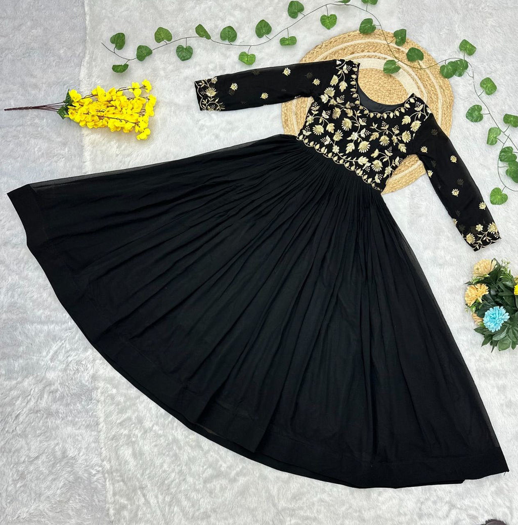 Prazu Fashion Black Georgette Embroidered Zari Work Designer Gown - Distacart