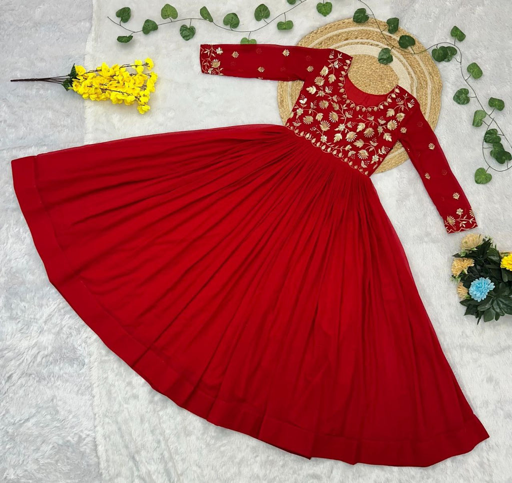 Prazu Fashion Maroon Georgette Embroidered Zari Work Designer Gown - Distacart