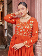 Prazu Fashion Rust Georgette Embroidered Zari Work Designer Gown - Distacart