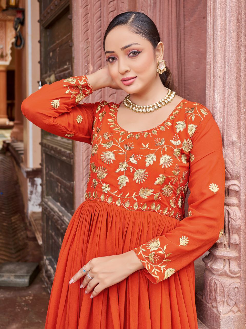 Prazu Fashion Rust Georgette Embroidered Zari Work Designer Gown - Distacart