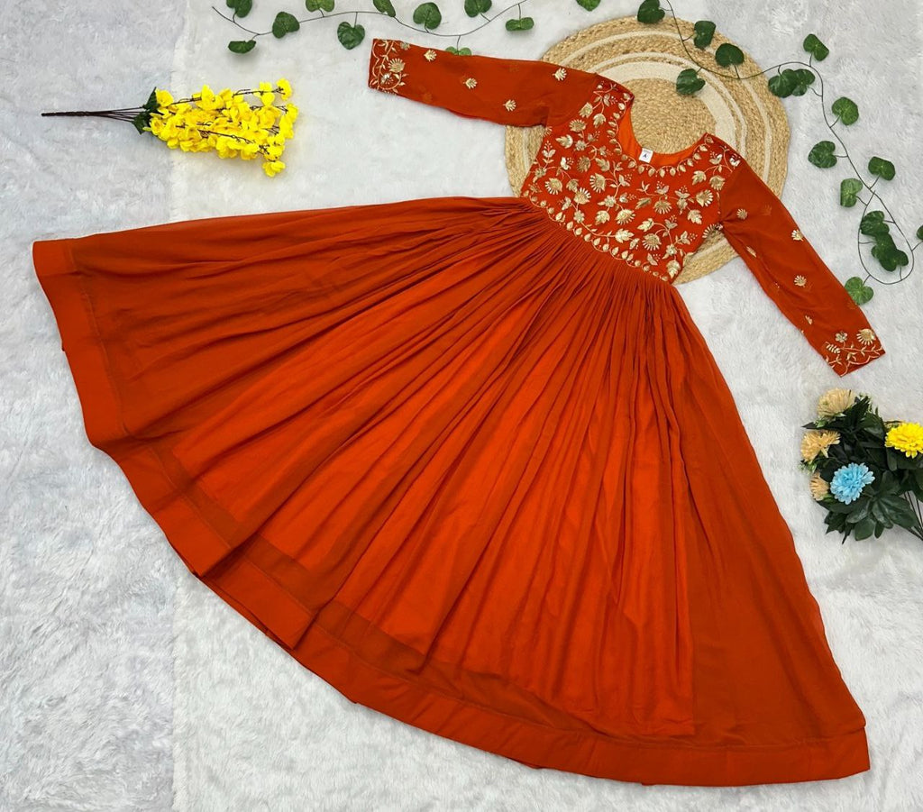 Prazu Fashion Rust Georgette Embroidered Zari Work Designer Gown - Distacart