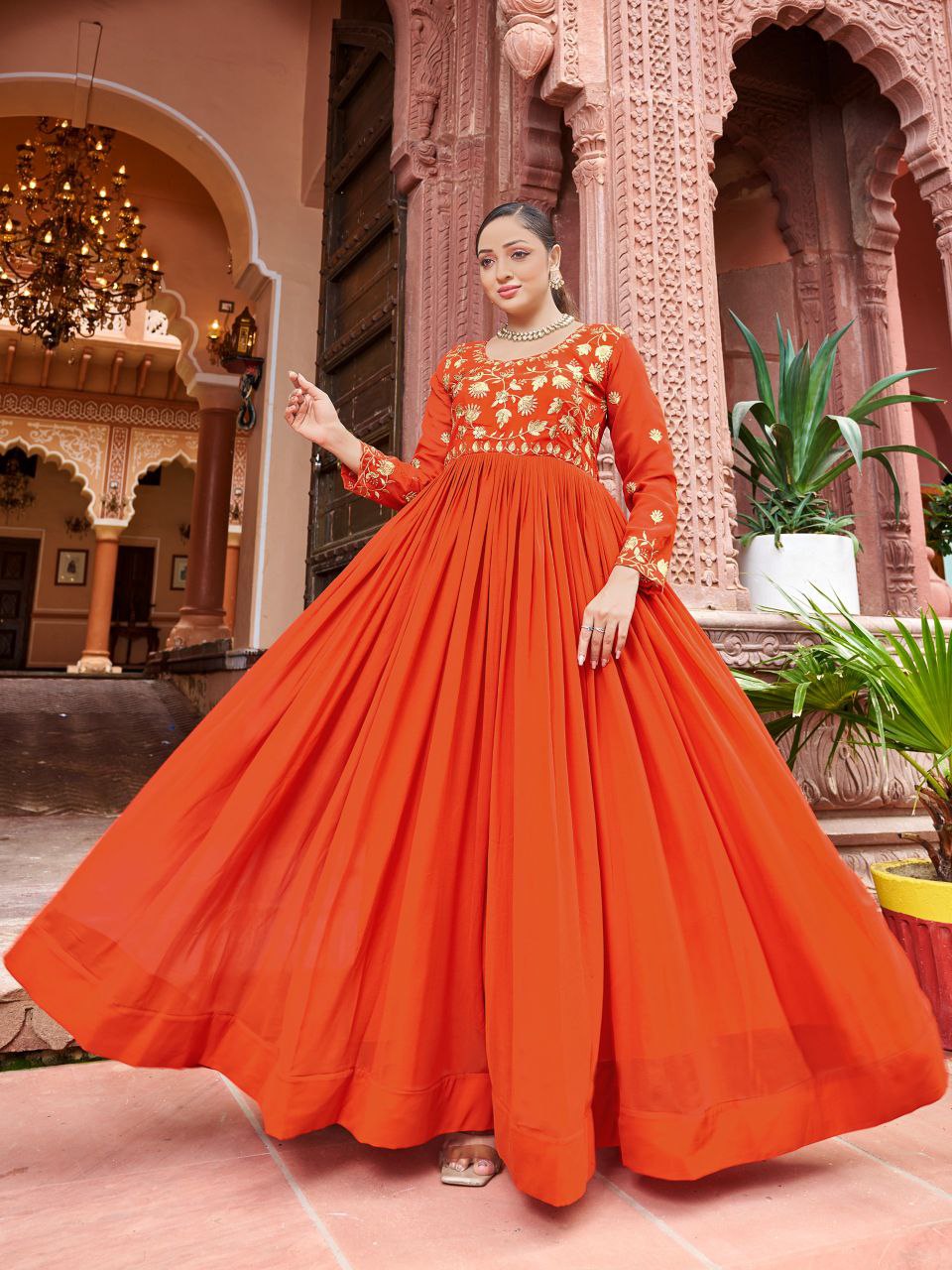 Prazu Fashion Rust Georgette Embroidered Zari Work Designer Gown - Distacart