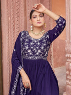 Prazu Fashion Blue Georgette Embroidered Zari Work Designer Gown With Dupatta - Distacart