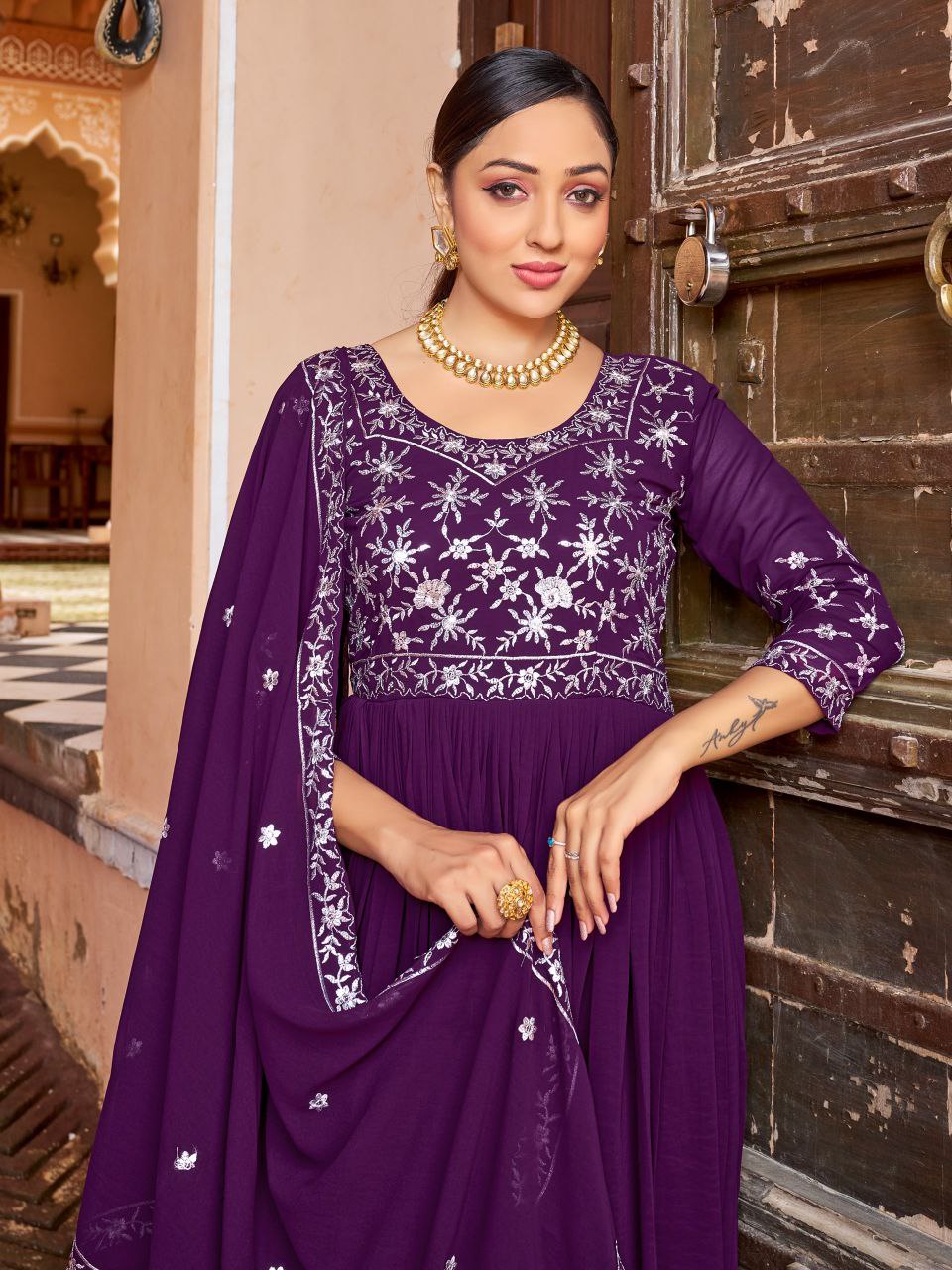 Prazu Fashion Purple Georgette Embroidered Zari Work Designer Gown With Dupatta - Distacart