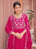 Prazu Fashion Rani Pink Georgette Embroidered Zari Work Designer Gown With Dupatta - Distacart