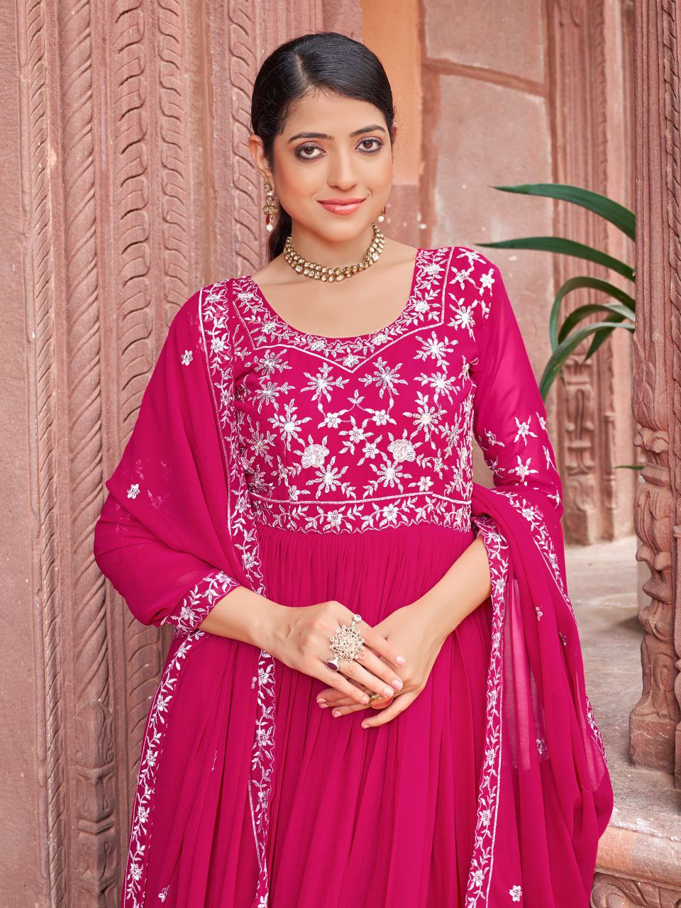 Prazu Fashion Rani Pink Georgette Embroidered Zari Work Designer Gown With Dupatta - Distacart