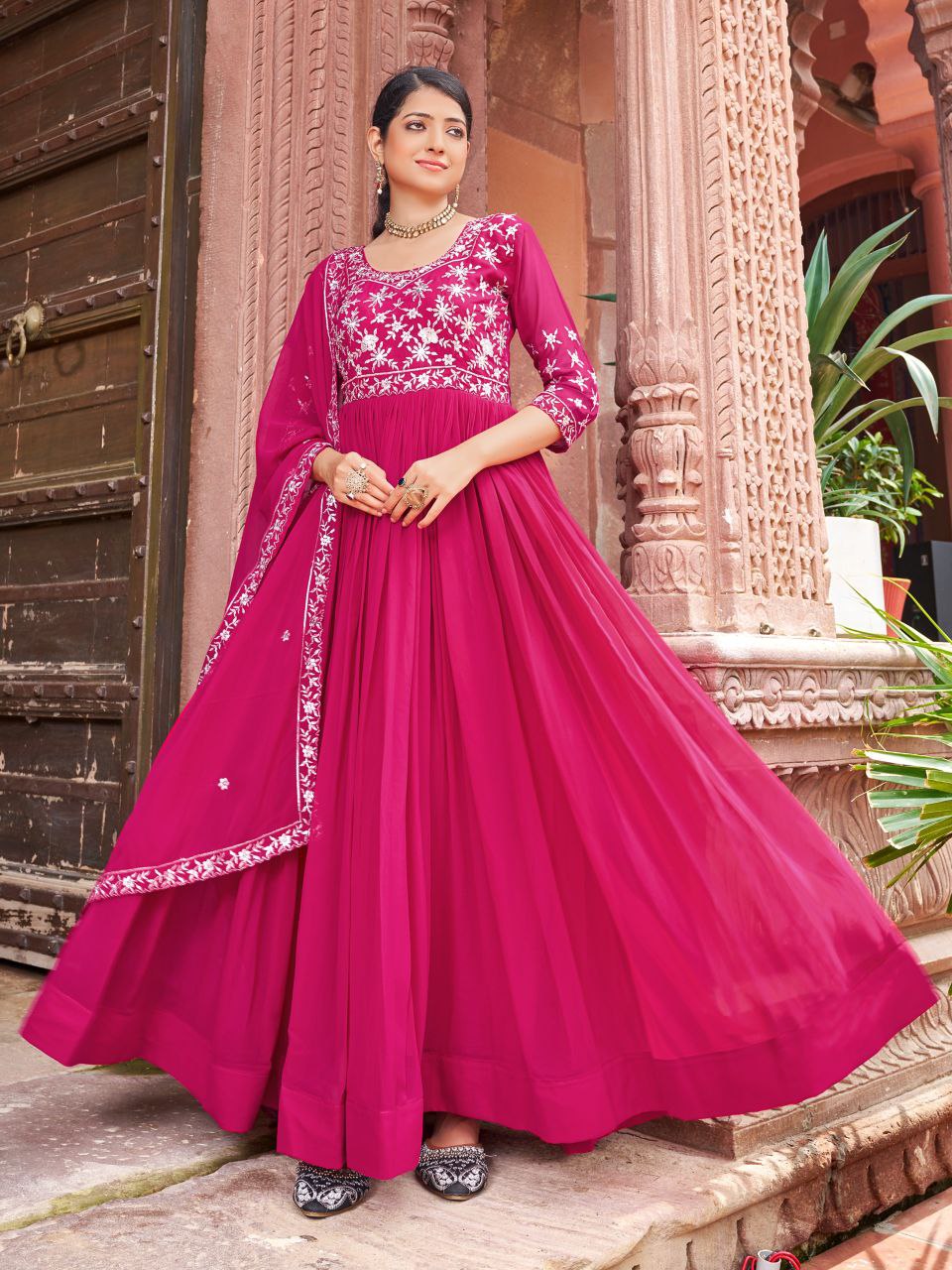 Prazu Fashion Rani Pink Georgette Embroidered Zari Work Designer Gown With Dupatta - Distacart