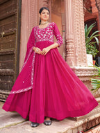 Prazu Fashion Rani Pink Georgette Embroidered Zari Work Designer Gown With Dupatta - Distacart