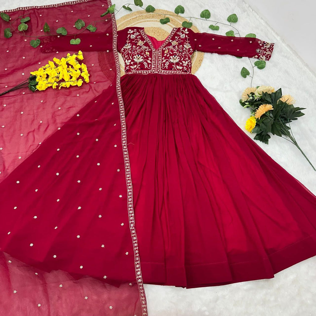 Prazu Fashion Red Georgette With Rich Zari-Sequins Embroidery Gown - Distacart