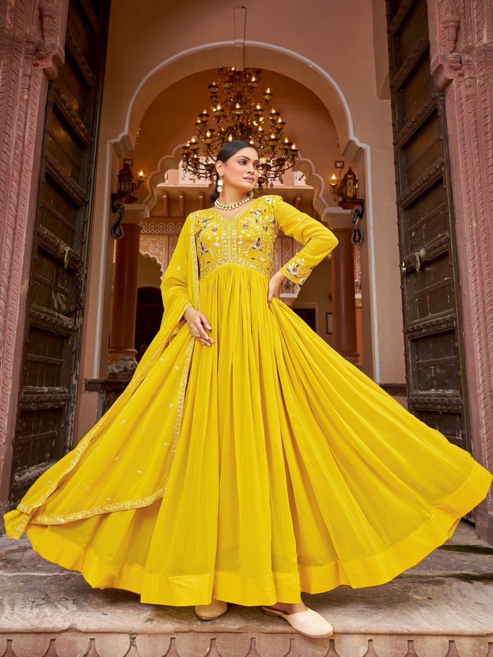 Prazu Fashion Yellow Georgette With Rich Zari-Sequins Embroidery Gown - Distacart