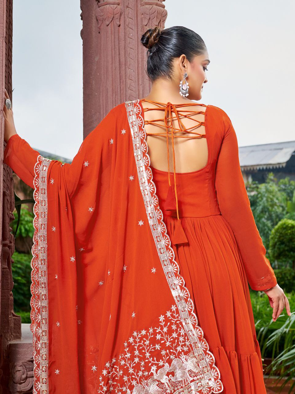 Prazu Fashion Rust Georgette With 3 Layer Huge Flair Gown With Dupatta - Distacart