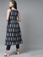 Indo Era Blue Floral Printed A-line Kurta - Distacart