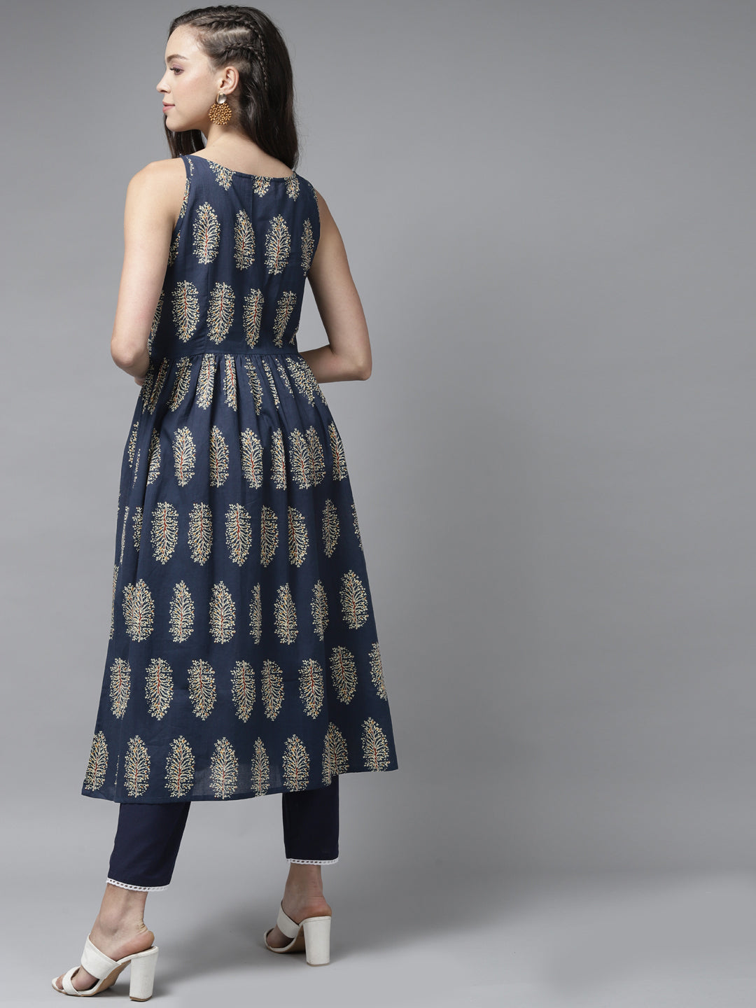 Indo Era Blue Floral Printed A-line Kurta - Distacart