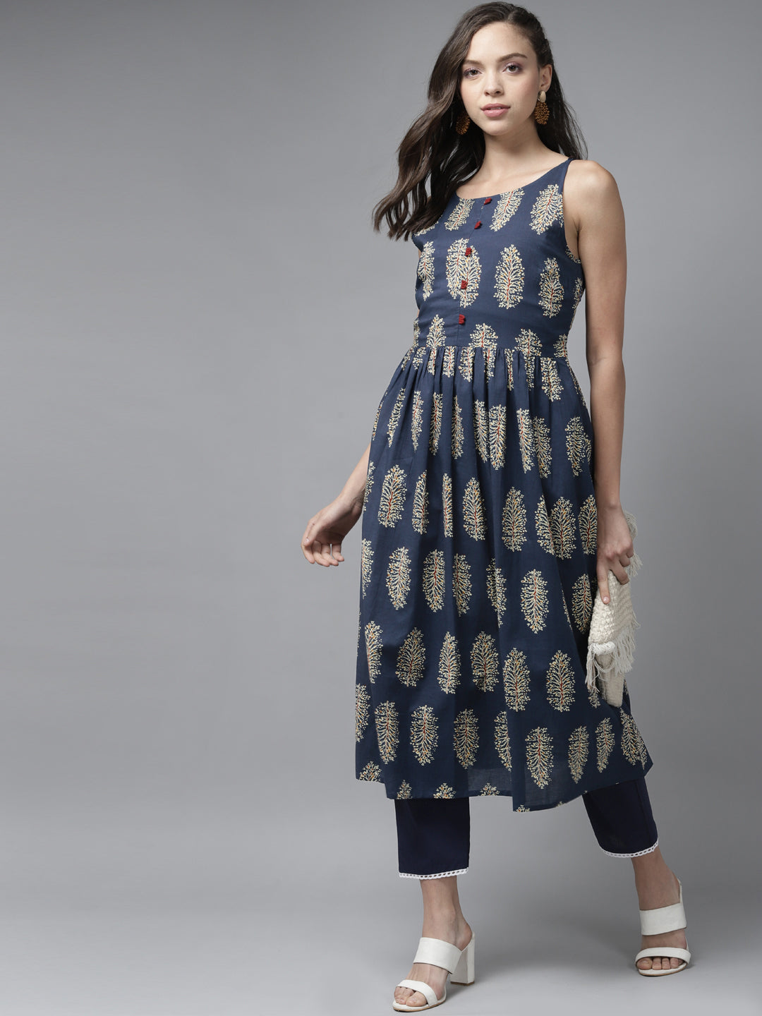 Indo Era Blue Floral Printed A-line Kurta - Distacart