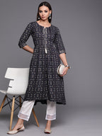 Indo Era Navy Blue Foil Printed A-line Kurta - Distacart