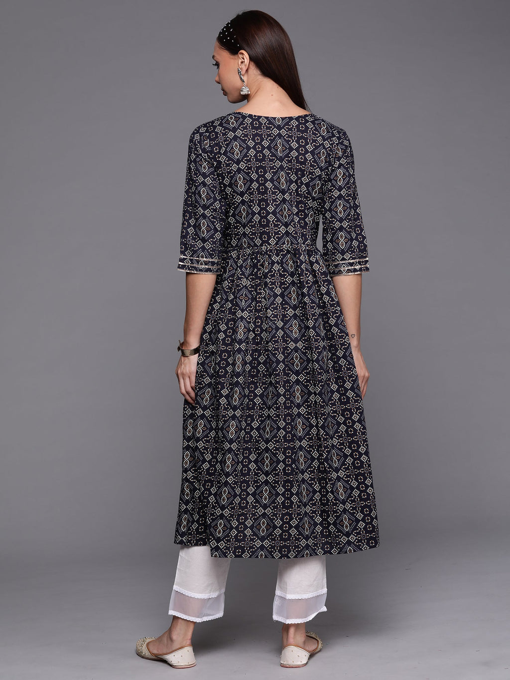 Indo Era Navy Blue Foil Printed A-line Kurta - Distacart