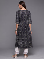 Indo Era Navy Blue Foil Printed A-line Kurta - Distacart