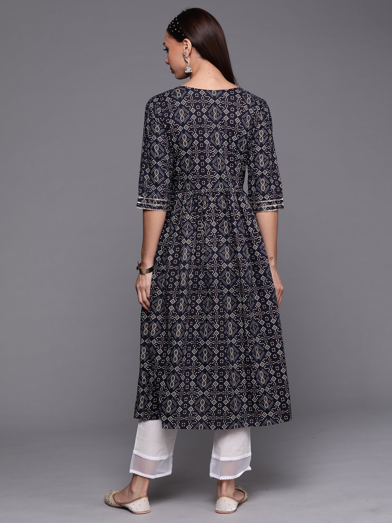 Indo Era Navy Blue Foil Printed A-line Kurta - Distacart