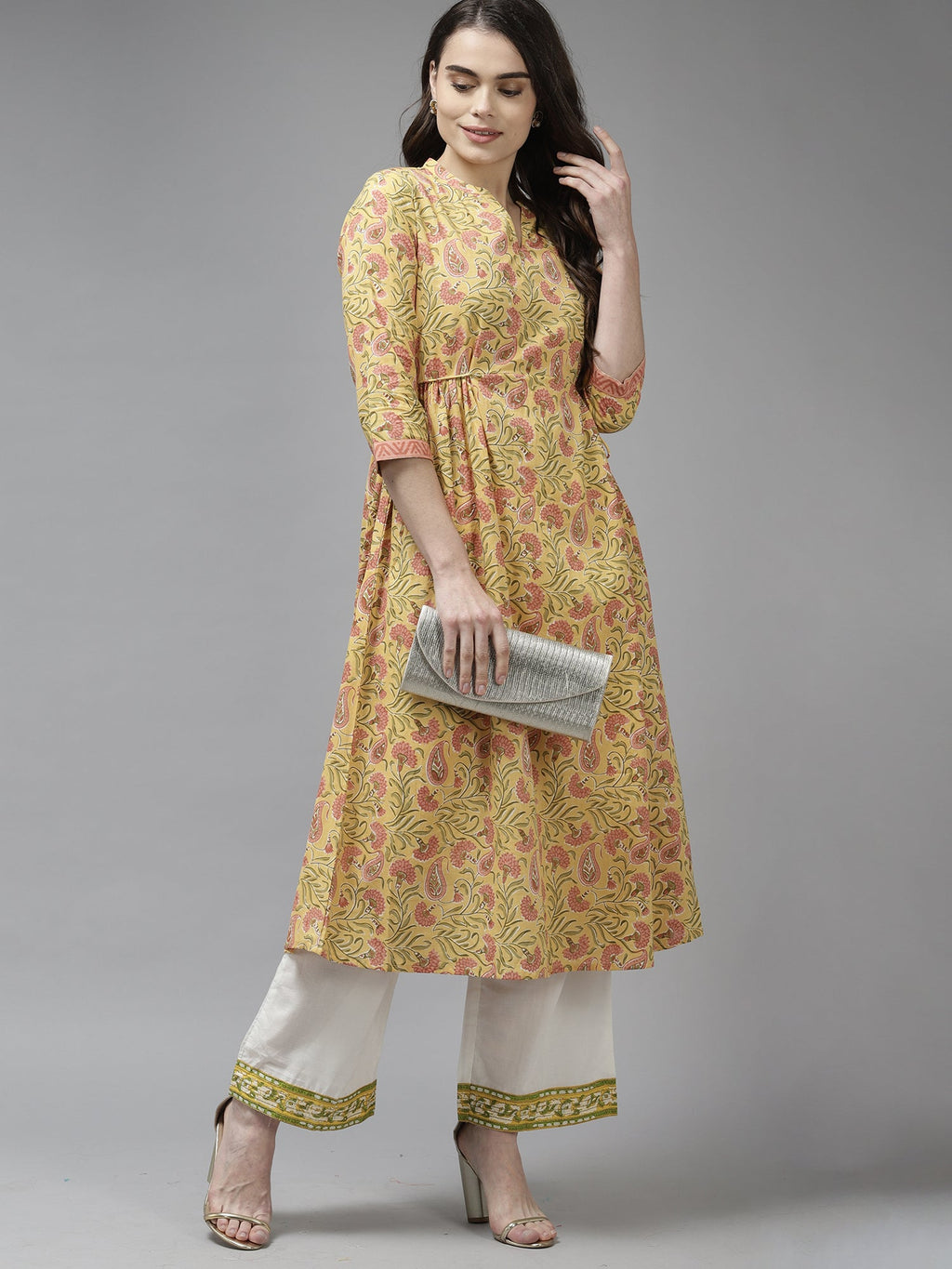 Indo Era Yellow Floral Printed A-line Kurta - Distacart