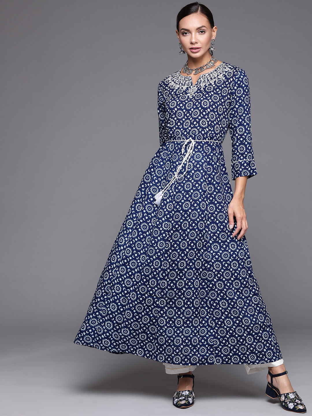 Indo Era Navy Blue Embroidered A-line Kurta - Distacart