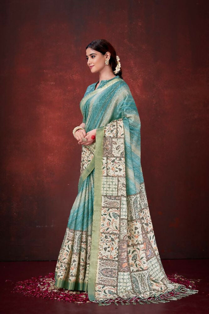 Sky Blue Poly Habotai Silk Foil Print Saree with Unstitched Blouse - Kathari