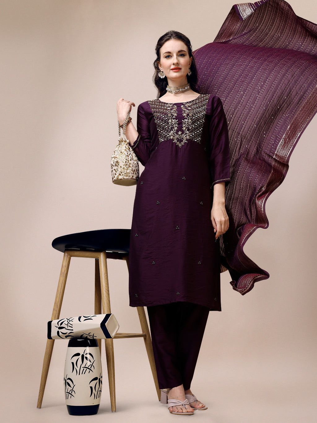 Hand Embroidered Chanderi Kurta With Pant & Dupatta, Multicolor - Hiral Fashion