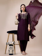 Hand Embroidered Chanderi Kurta With Pant & Dupatta, Multicolor - Hiral Fashion