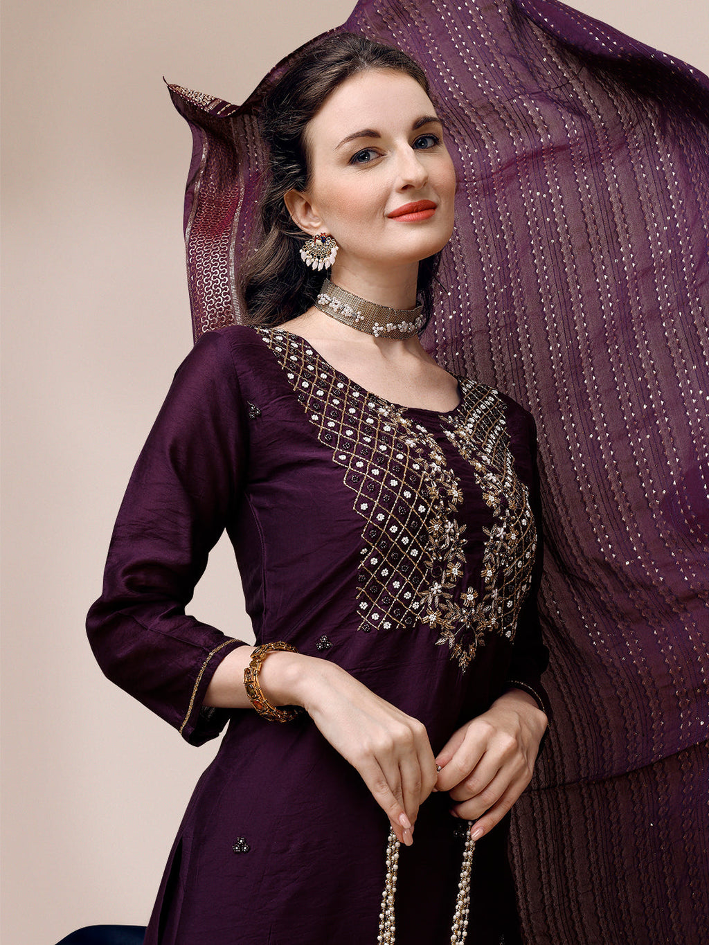 Hand Embroidered Chanderi Kurta With Pant & Dupatta, Multicolor - Hiral Fashion