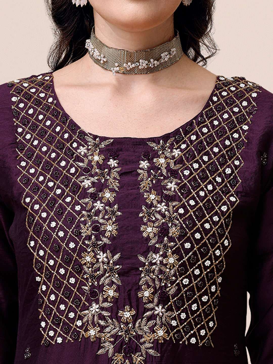 Hand Embroidered Chanderi Kurta With Pant & Dupatta, Multicolor - Hiral Fashion