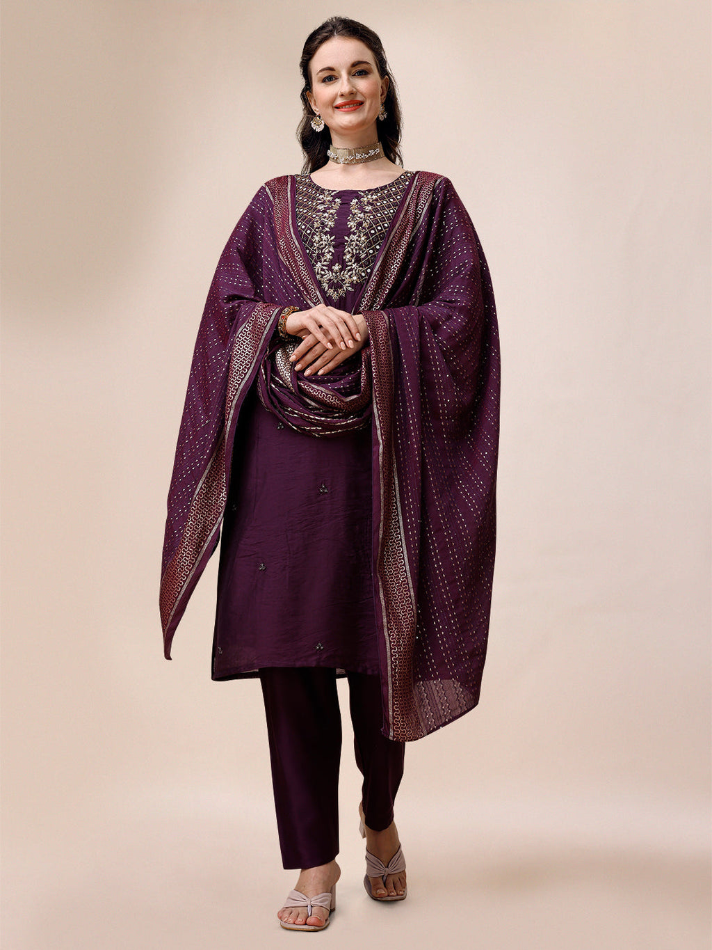 Hand Embroidered Chanderi Kurta With Pant & Dupatta, Multicolor - Hiral Fashion