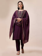 Hand Embroidered Chanderi Kurta With Pant & Dupatta, Multicolor - Hiral Fashion