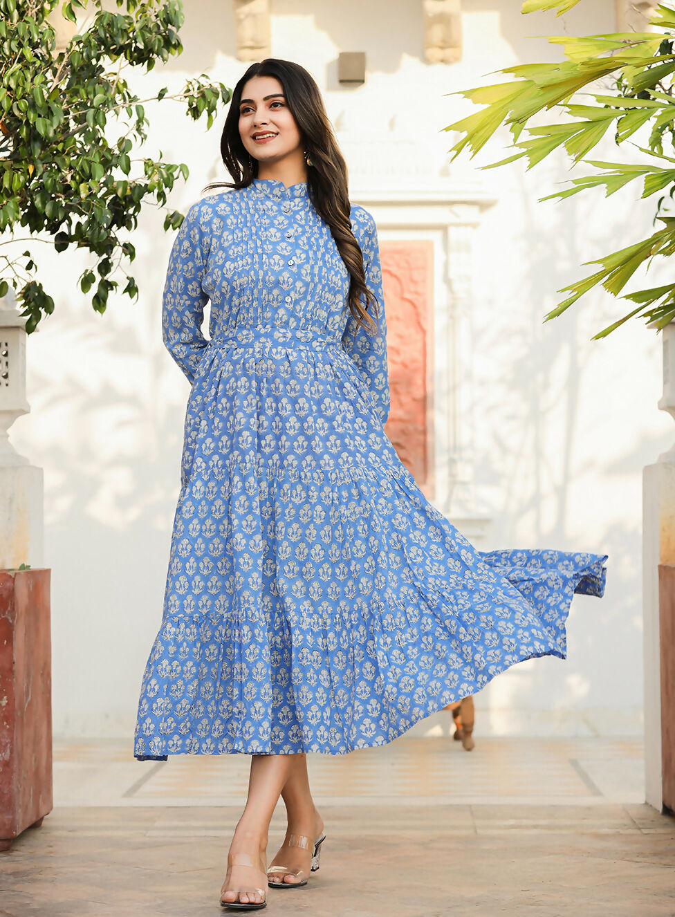 Kaajh Women's Blue Floral Handblock Print Cotton Dress - Distacart