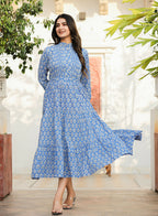 Kaajh Women's Blue Floral Handblock Print Cotton Dress - Distacart