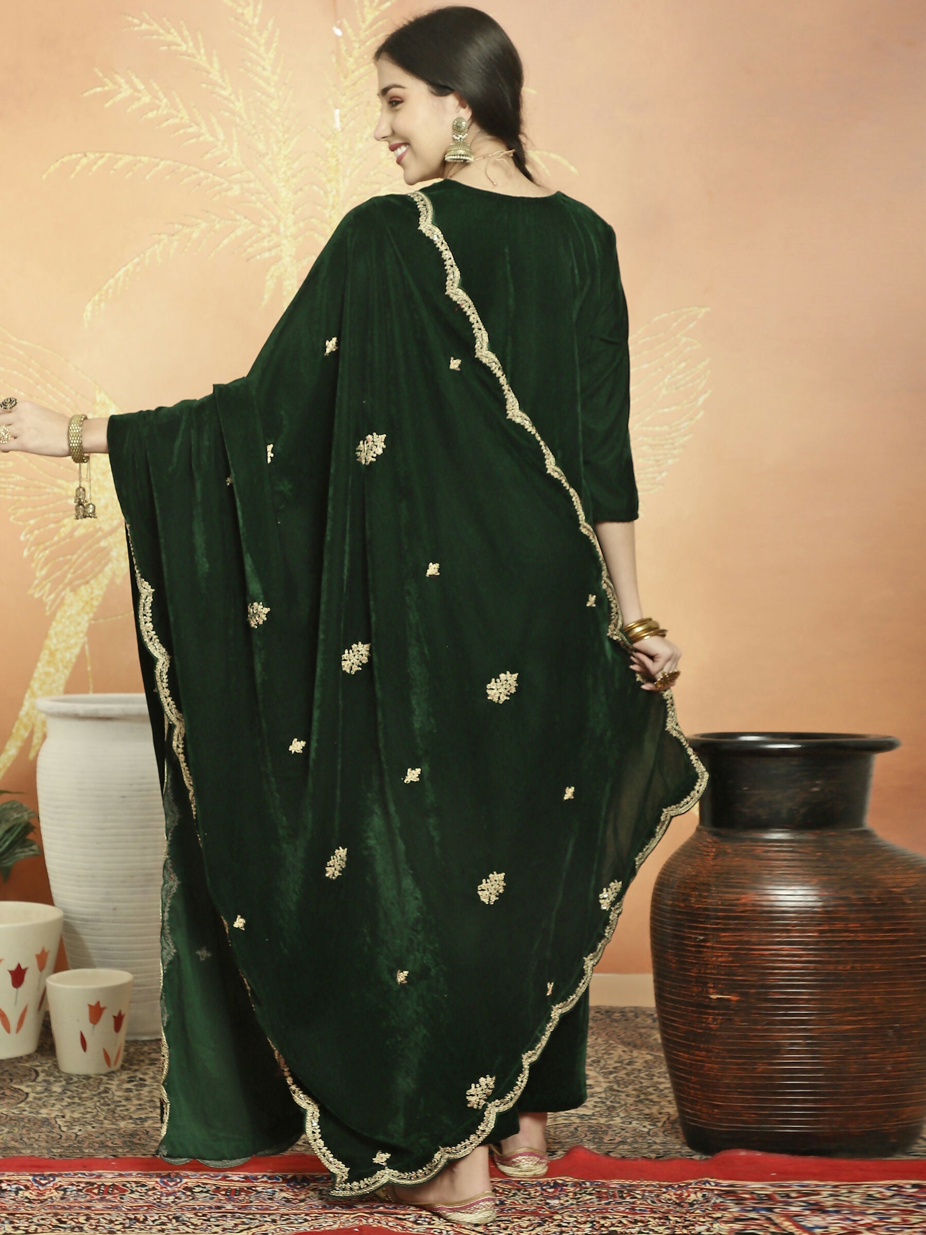 Jyoti Fashion Women's Green Velvet Cording with Resham Thread & Sequin Kurta with Trouser & Dupatta