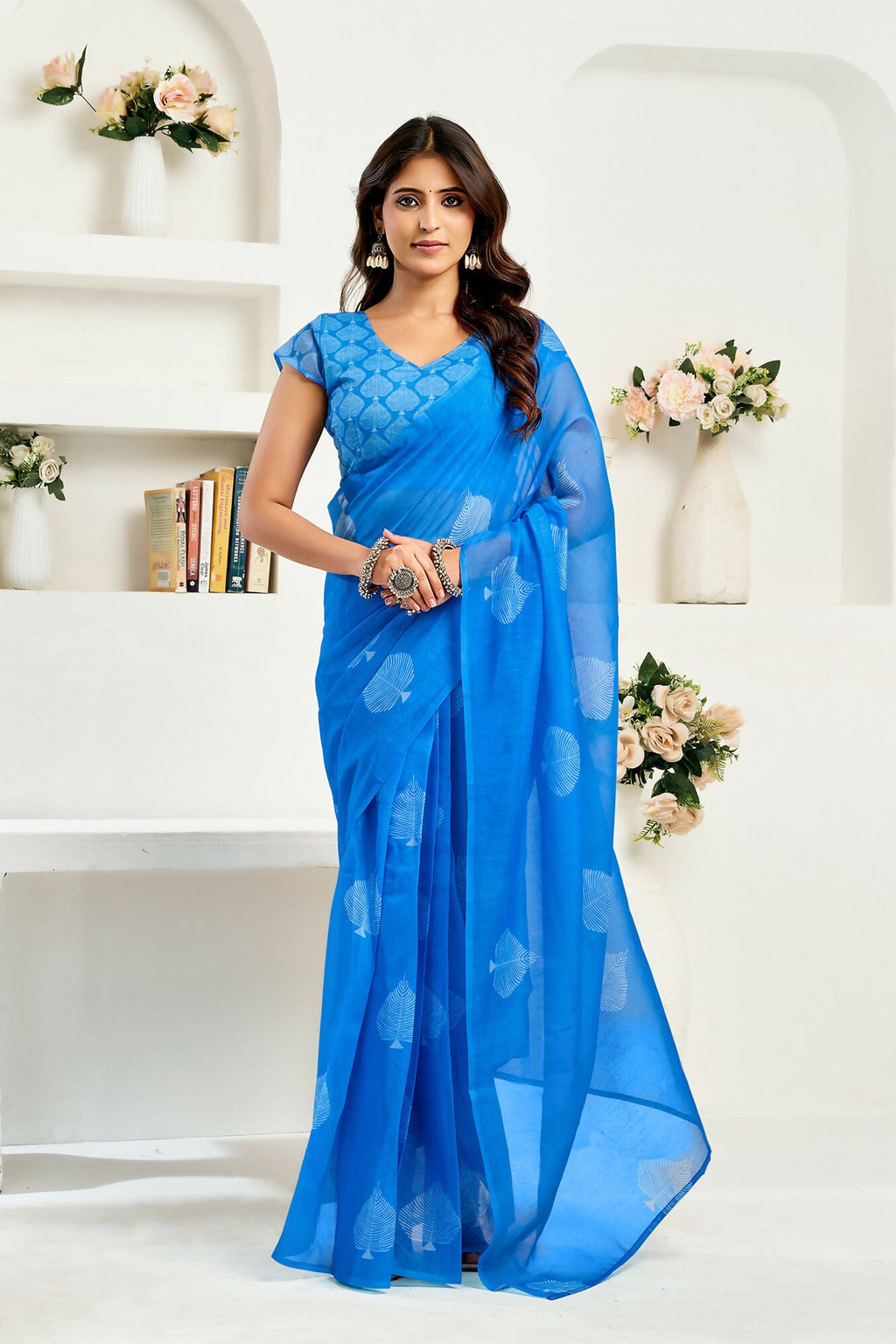 Vastranavya Blue Digital Printed Linen Ready To Wear Designer Saree with Unstitched Blouse - Distacart