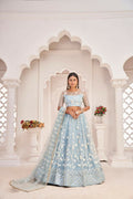 Aastha Fashion Light Sky Butterfly Net White Cotton Thread Work, Zari Work And Sandwich Sequence Work Embroidery Wedding Wear Lehenga Choli