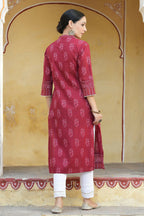 Juniper Women's Marron Cotton Cambric Floral Printed Straight Kurta - Distacart