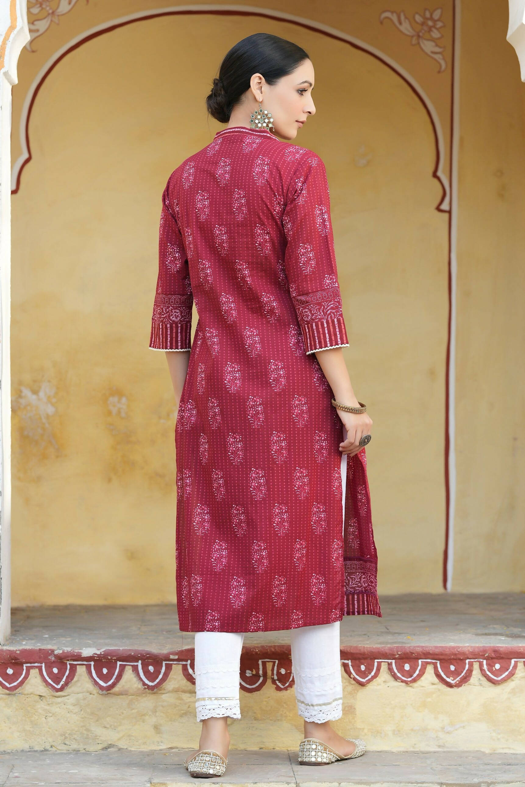 Juniper Women's Marron Cotton Cambric Floral Printed Straight Kurta - Distacart