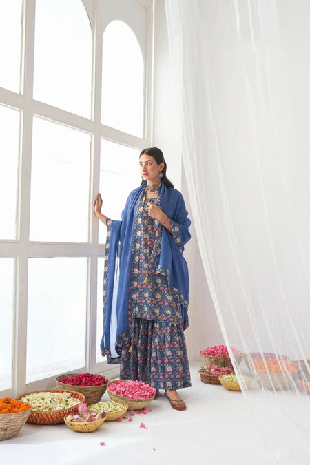 Designer Stylish Blue Muslin Stitched Suit With Dupatta - Anbazaar