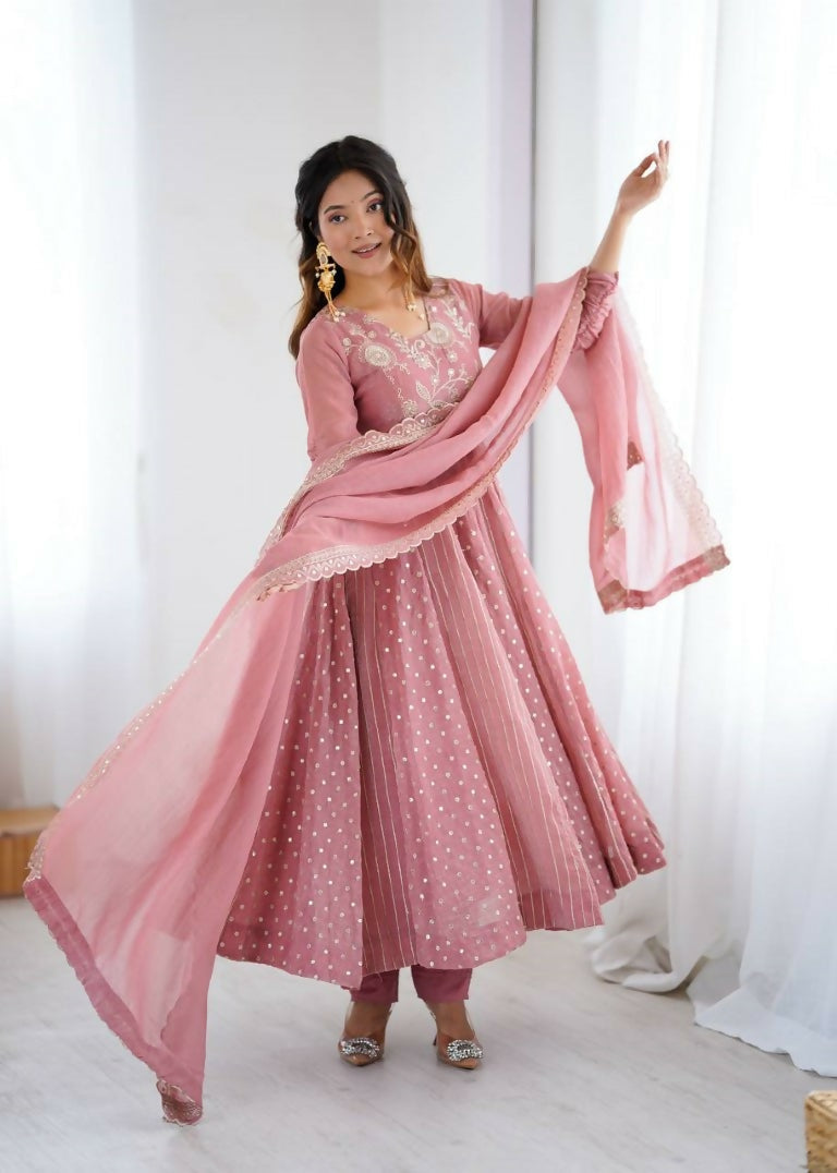 Teeya Creation Baby Pink Color Heavy Crunchy Silk Embroidery Work Gown - Distacart