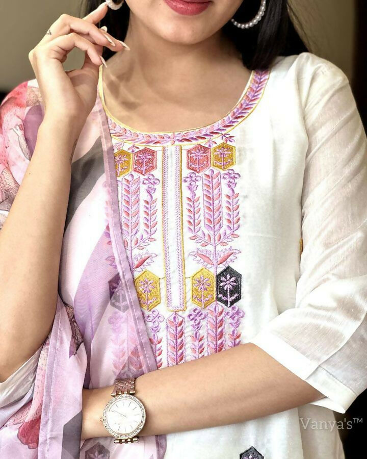 The52 Off White Women's Gorgeous Embroidered Viscose Chanderi Fabric Straight Kurta Pant with Dupatta Set - Distacart
