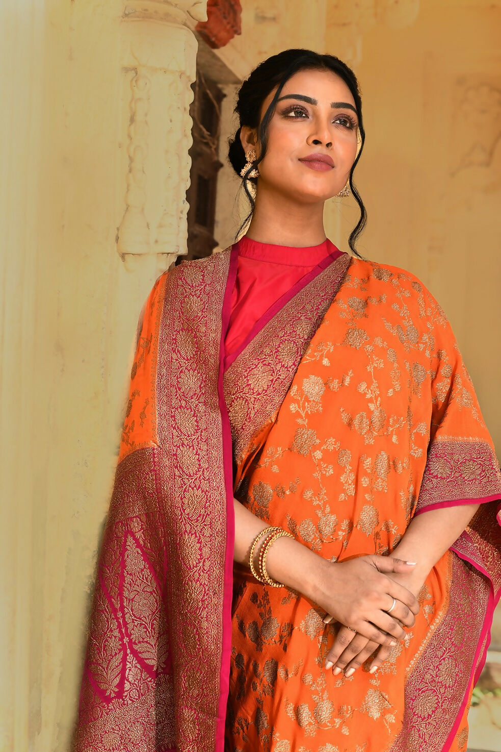 Joban Fashion Orange Crepe Chiffon Pure Handloom Banarasi Silk Saree